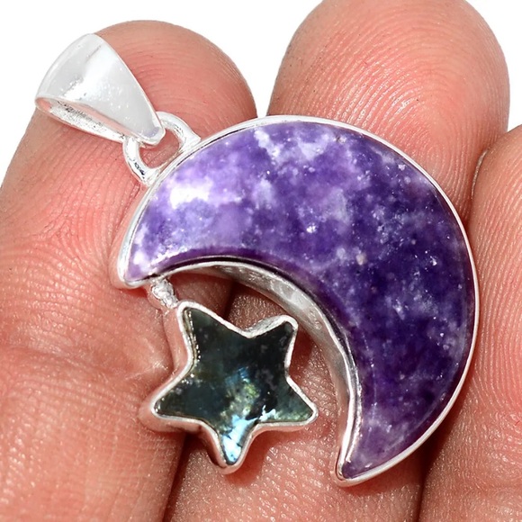 925 Sterling Purple Worry Stone Crescent Moon Black Moonstone Star Pendant - Picture 1 of 2